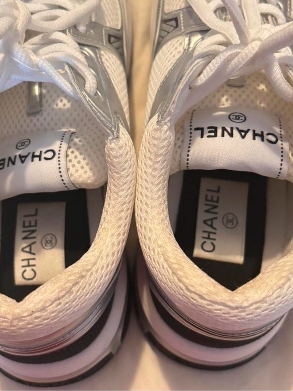 CHANEL Silver and White Chunky Logo Sneakers - Picture 3 of 4